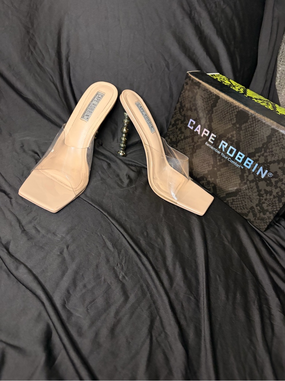 Cape Robbin Nude Clear Strap Beaded Heel Mules